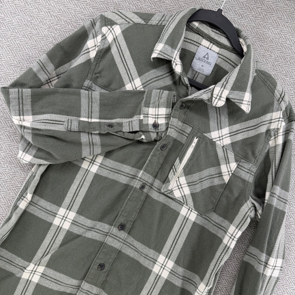 Ascend Flannel Shirt Medium Green Organic Cotton Plaid Outdoor Button Down